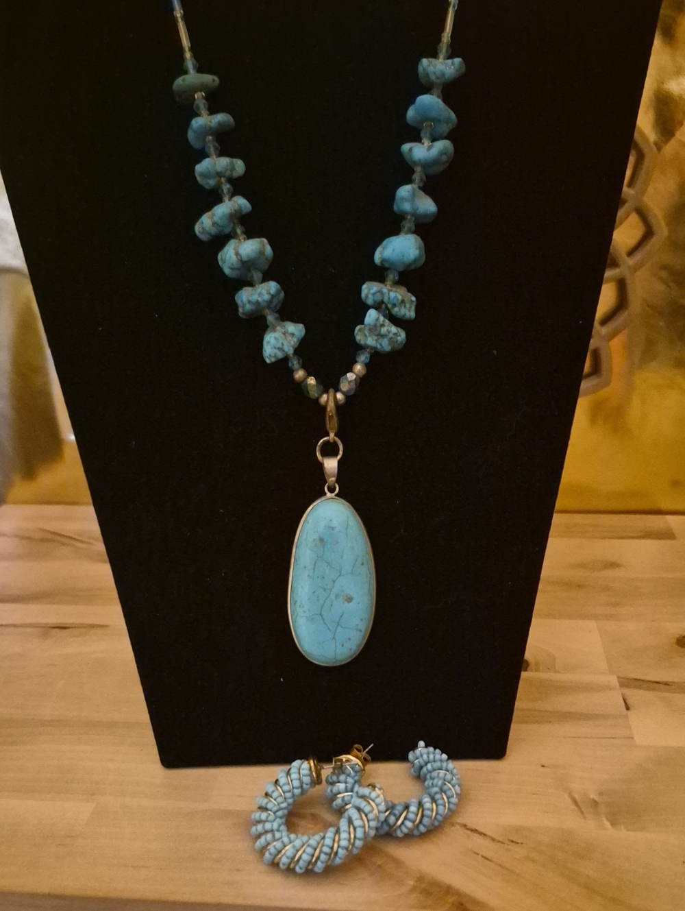 Turquoise Stone Pendant Necklace and Hoop Earrings - Blue